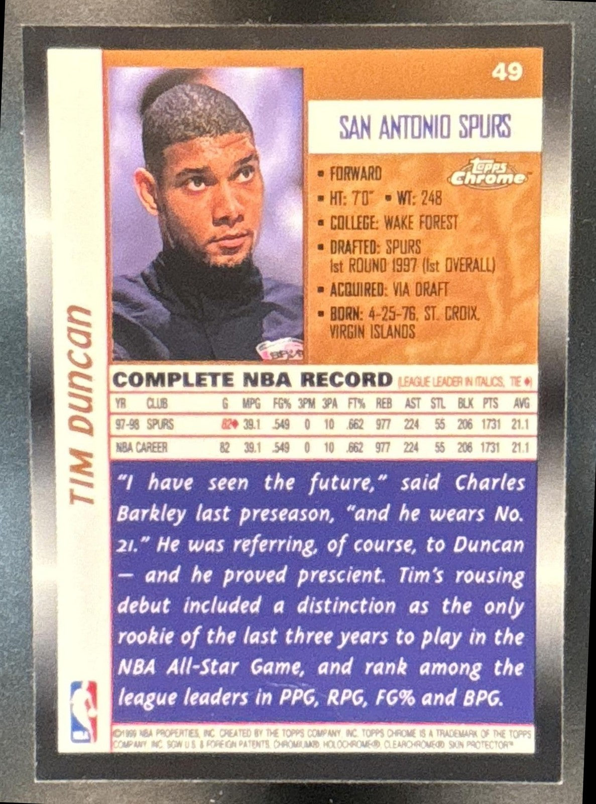 1998-99 Topps Chrome Tim Duncan #49 San Antonio Spurs