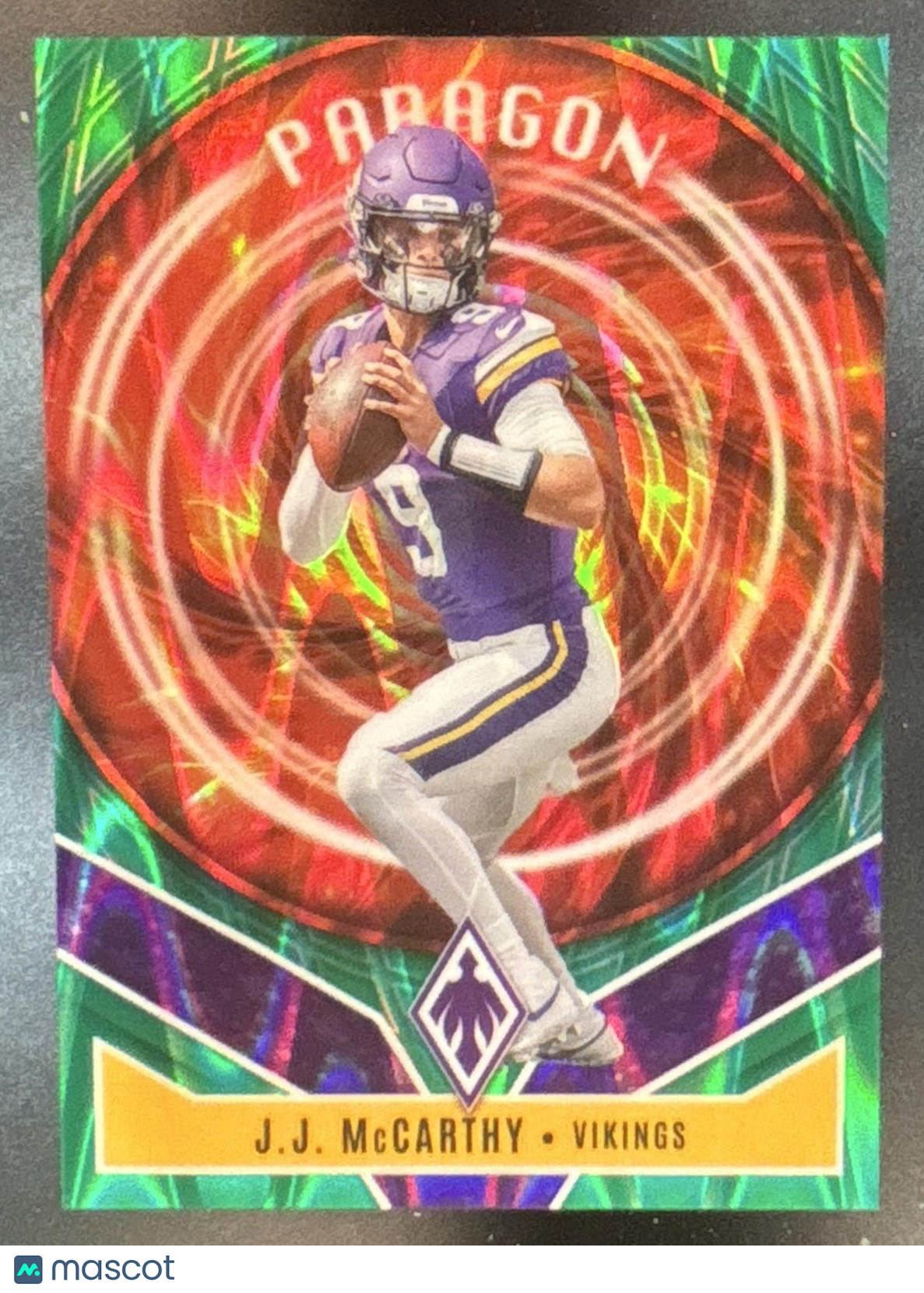 2025 Panini Phoenix J.J. McCarthy Paragon Green Seismic /25 #8 Minnesota Vikings