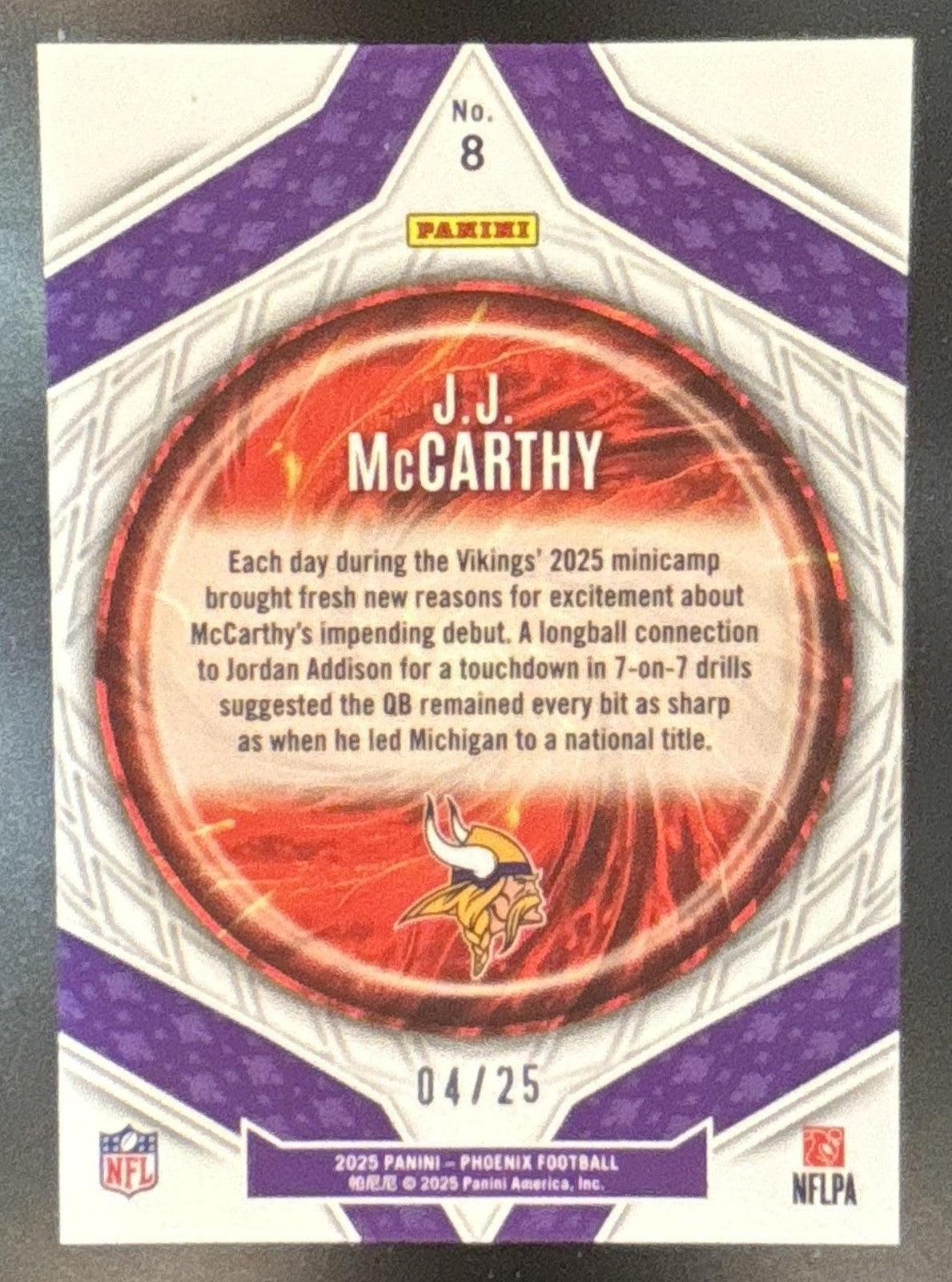 2025 Panini Phoenix J.J. McCarthy Paragon Green Seismic /25 #8 Minnesota Vikings
