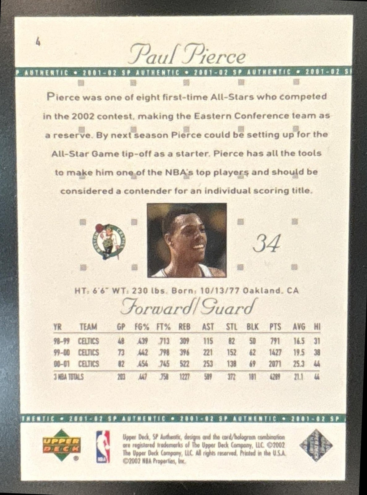 2001-02 SP Authentic Paul Pierce #4 Boston Celtics