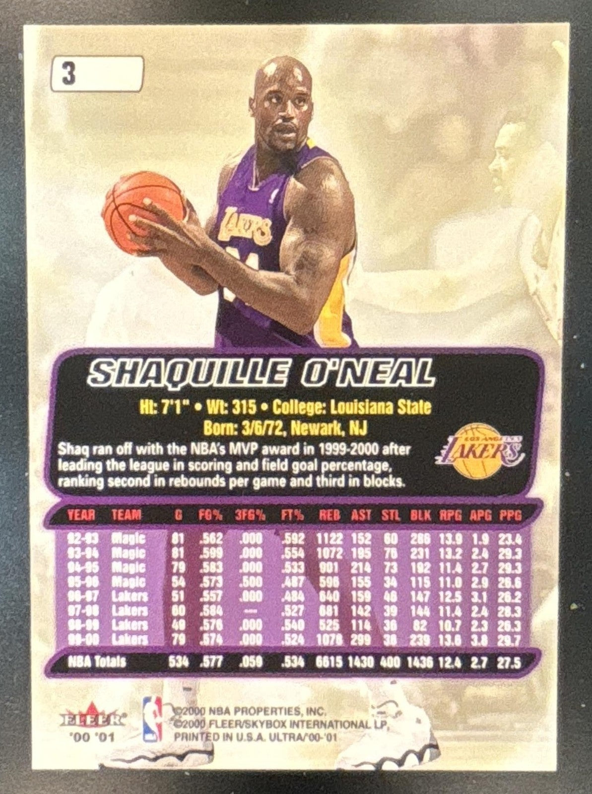 2000-01 Fleer Ultra Shaquille O'Neal #3 Los Angeles Lakers