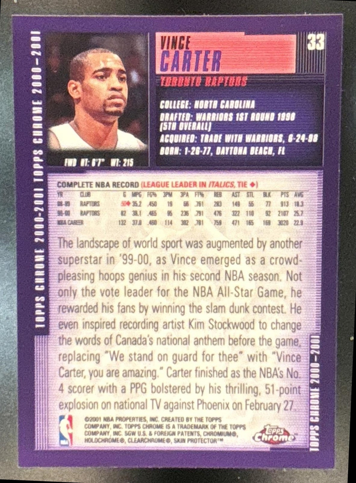 2000-01 Topps Chrome Vince Carter #33 Toronto Raptors