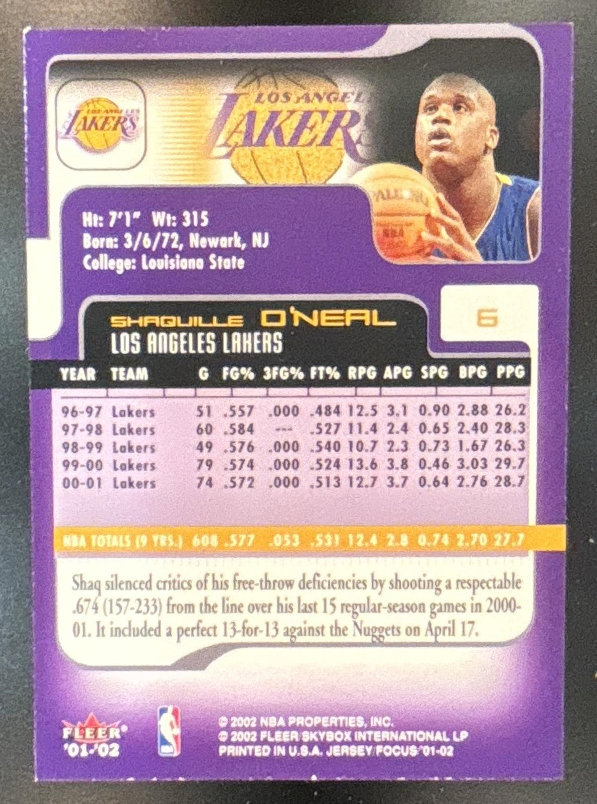 2001-02 Fleer Focus Shaquille O'Neal #6 Los Angeles Lakers