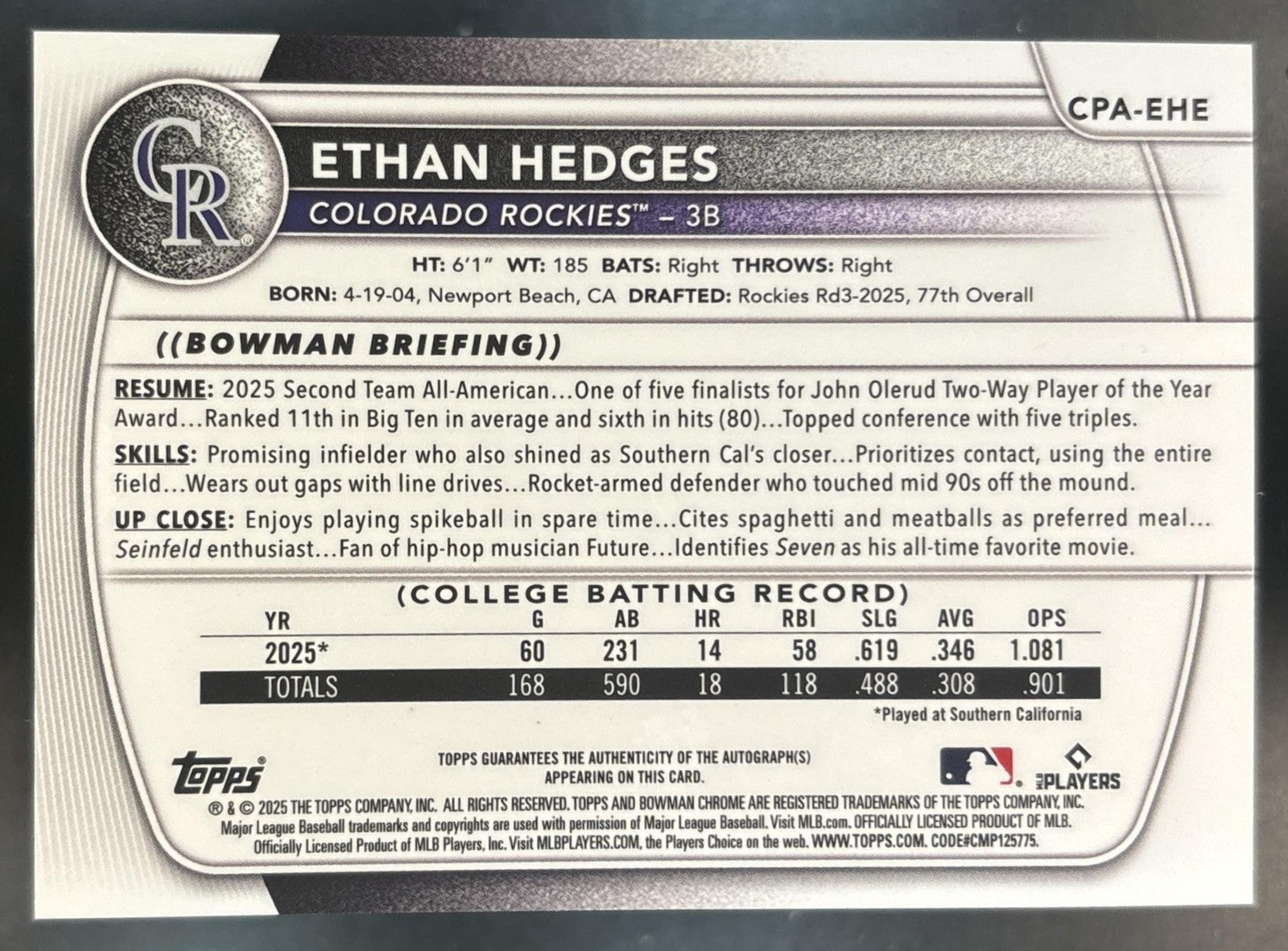 2025 Bowman Draft Ethan Hedges Chrome Auto Orange /25 1st Prospect Rockies