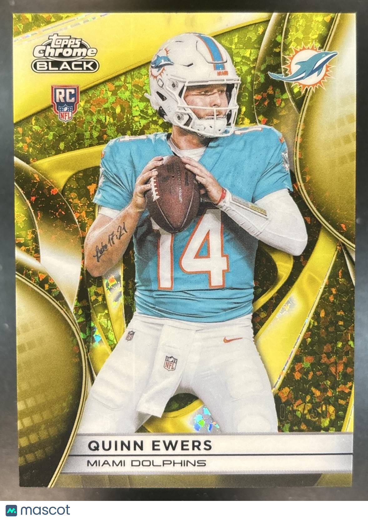 2025 Topps Chrome Black Quinn Ewers Gold Mini-Diamond /50 #130 RC Miami Dolphins