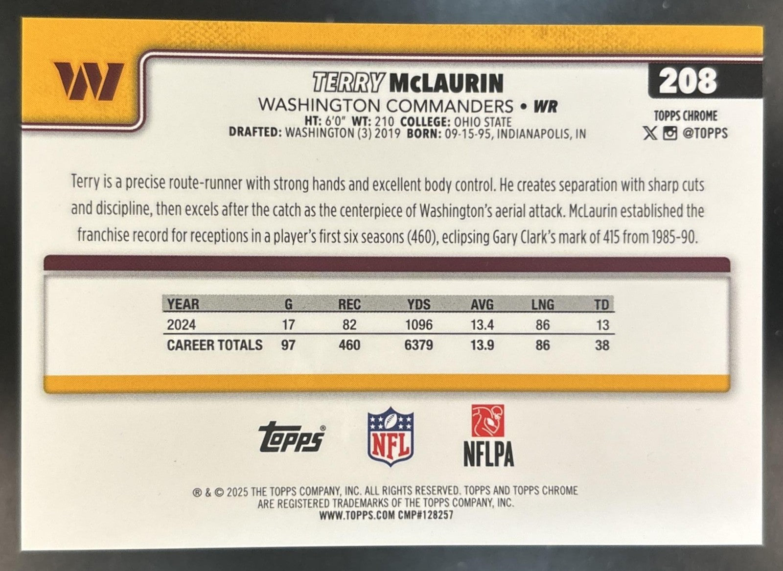 2025 Topps Chrome Terry McLaurin FrozenFractor -2/0 #208 Washington Commanders