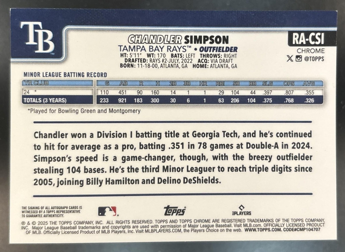 2025 Topps Chrome Chandler Simpson Rookie Auto #RA-CSI RC Tampa Bay Rays