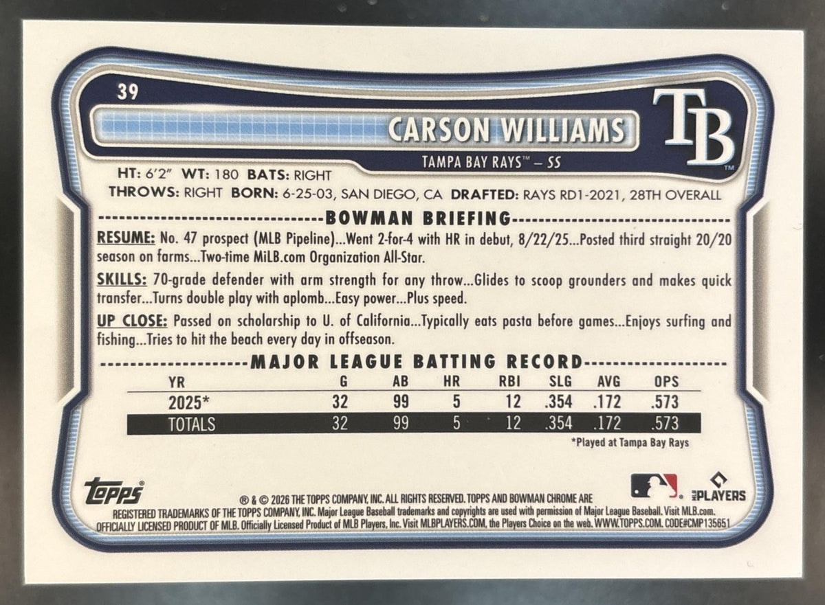 2026 Bowman Mega Box Carson Williams Chrome Orange Mojo /25 #39 RC Rays