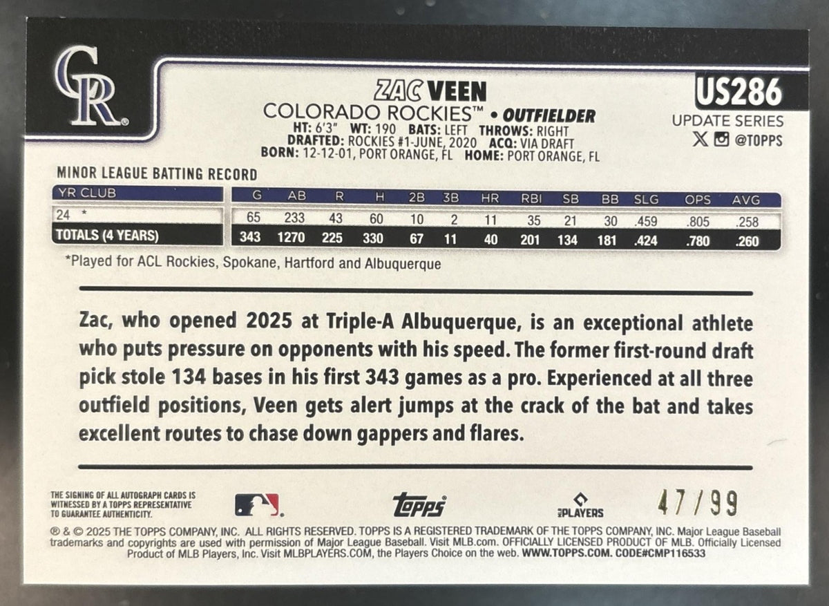 2025 Topps Update Zac Veen Real One Auto Green Foil /99 #US286 RC Rockies