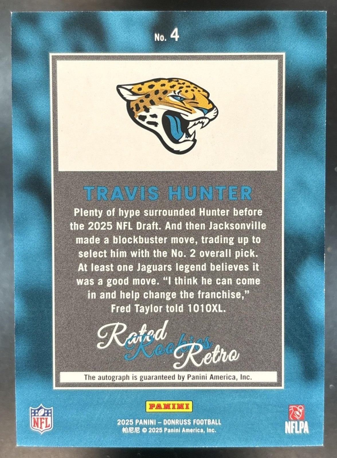 2025 Panini Donruss Travis Hunter Rated Rookie Retro Auto /99 #4 RC