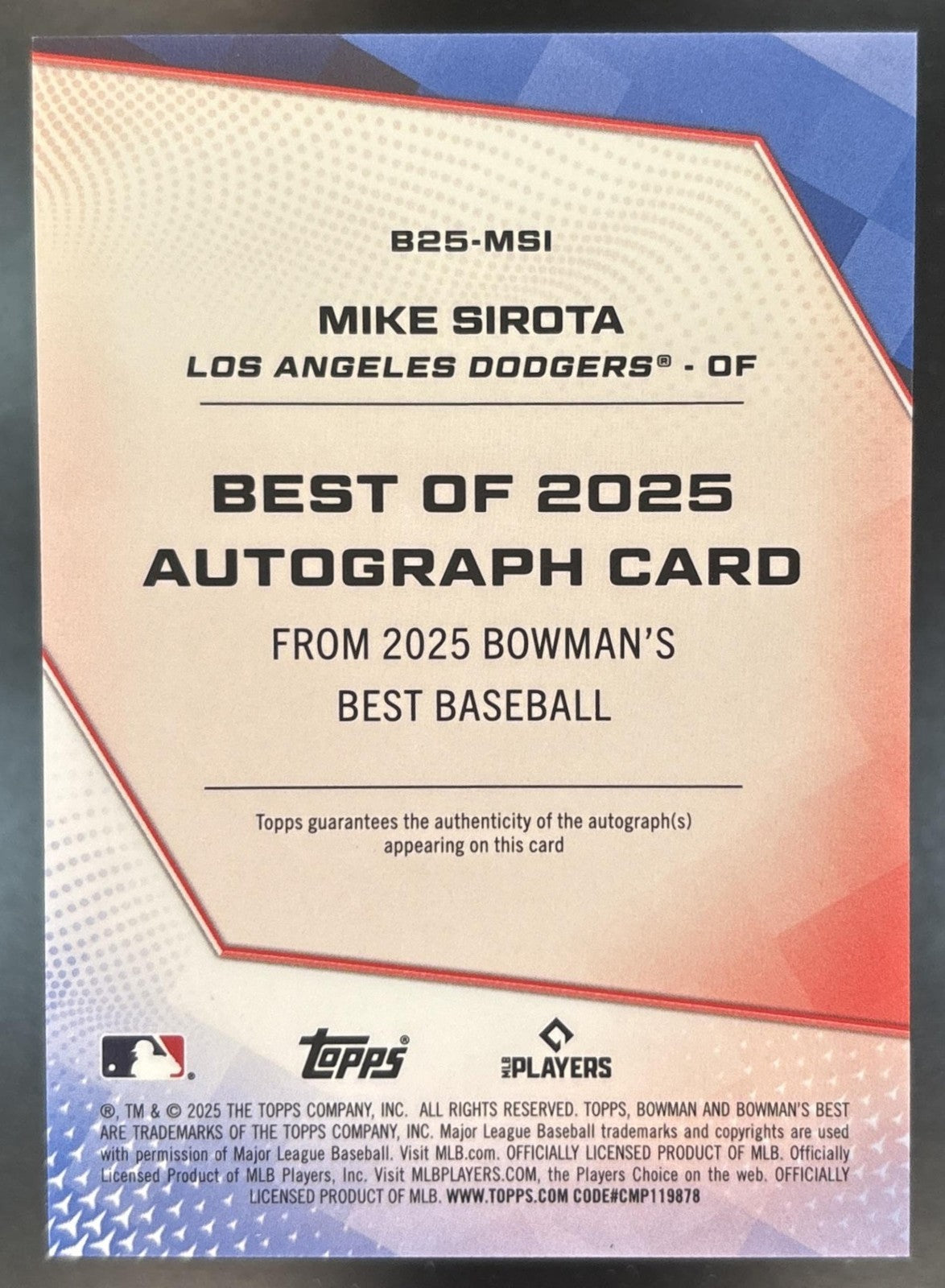 2025 Bowman's Best Mike Sirota Best of 2025 Auto Gold /50 Los Angeles Dodgers