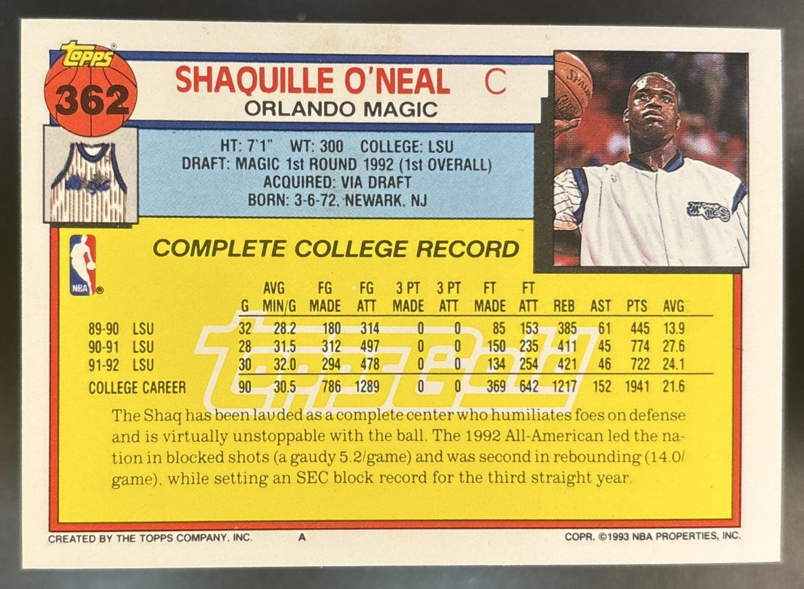 1992-93 Topps Shaquille O'Neal Gold #362 RC Orlando Magic