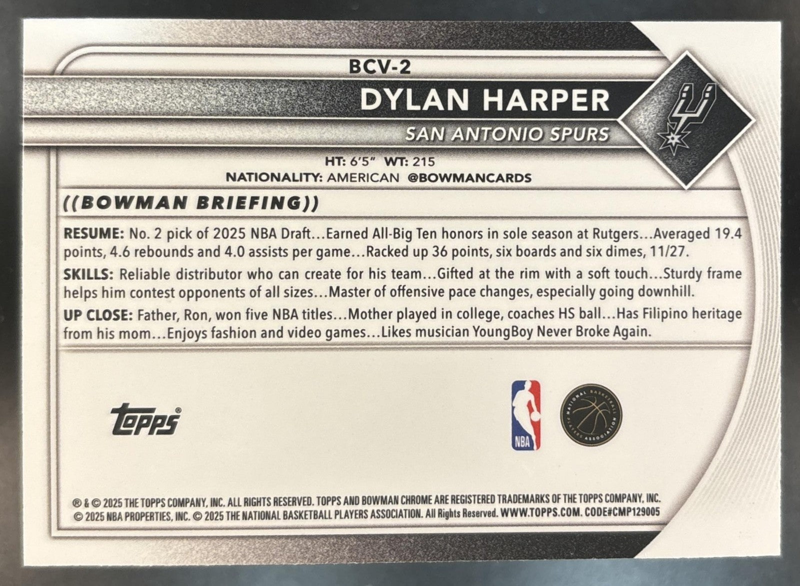 2025-26 Bowman Dylan Harper Chrome Navy Mojo /175 #BCV-2 RC San Antonio Spurs
