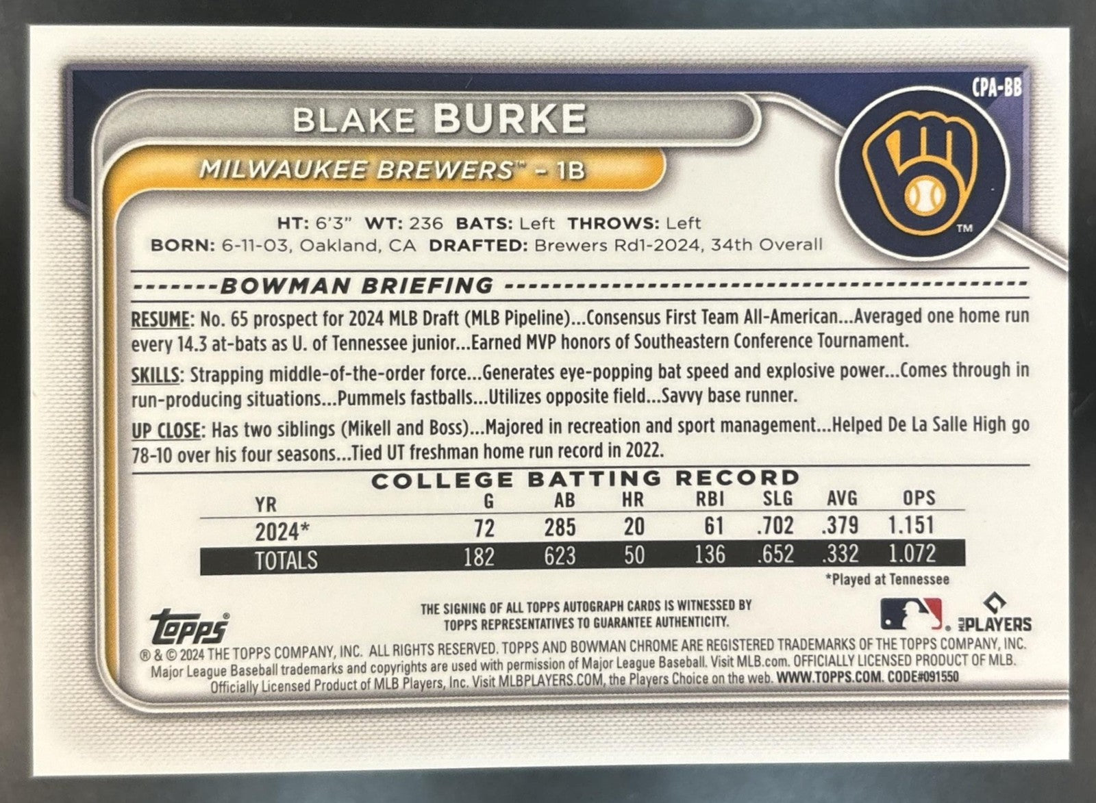 2024 Bowman Draft Blake Burke Chrome Auto #CPA-BB 1st Prospect Milwaukee Brewers