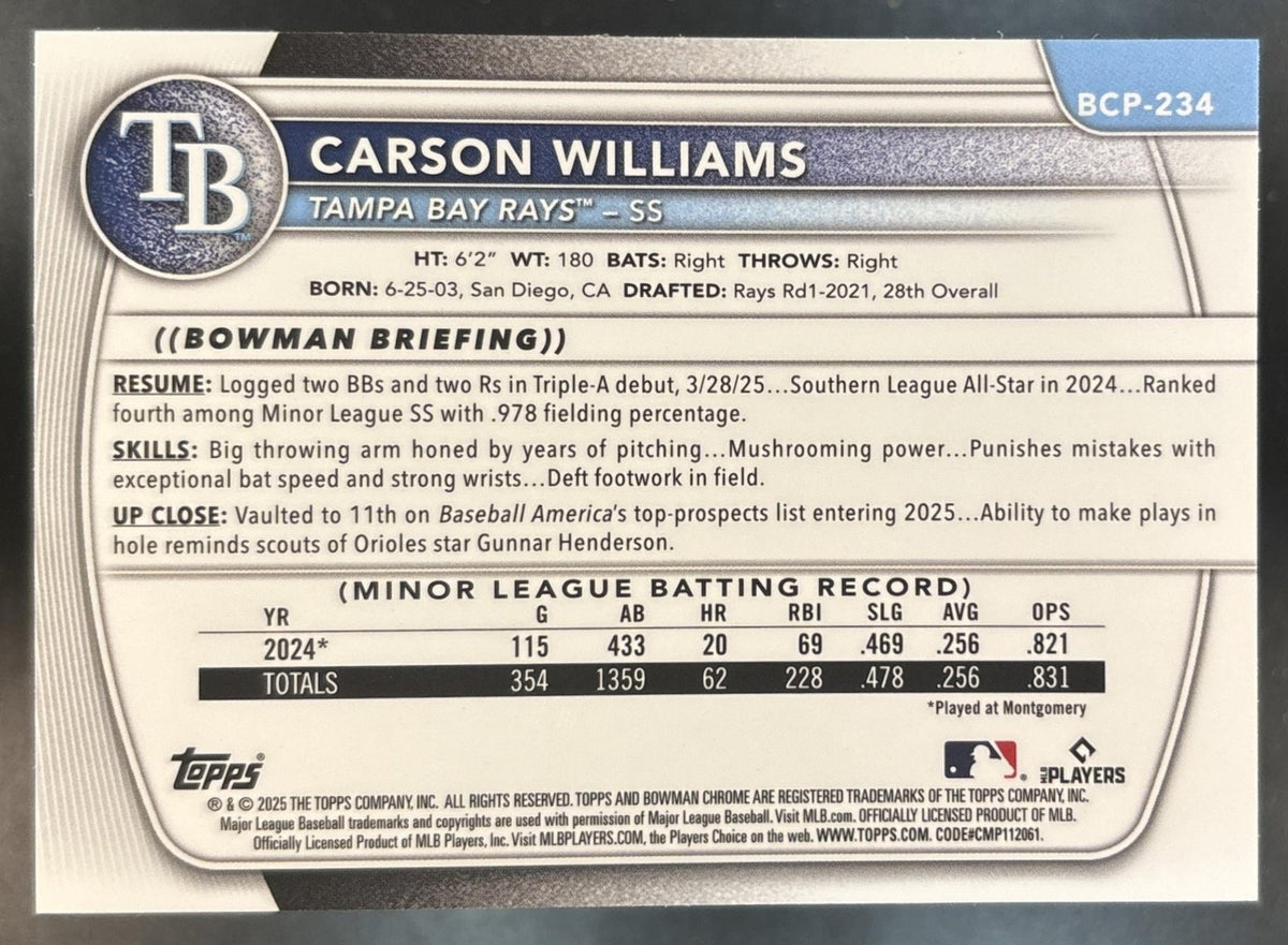 2025 Bowman Chrome Carson Williams Prospects Peanuts Refractor #BCP-234 Rays