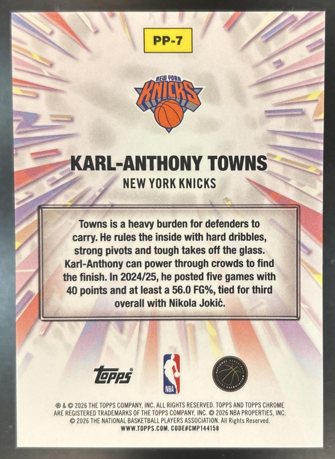 2025-26 Topps Chrome Update Karl-Anthony Towns Power Players Gold /50 Knicks