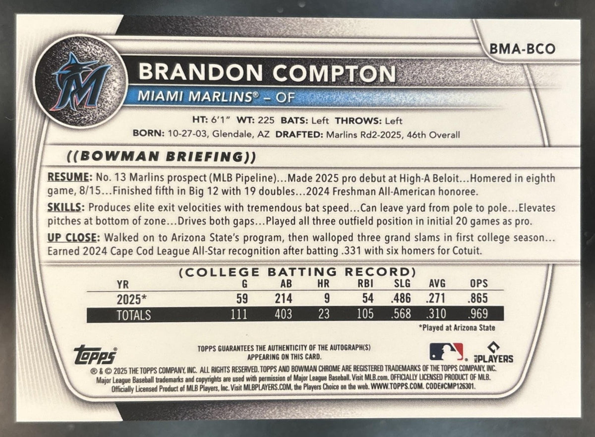 2025 Bowman Draft Brandon Compton Chrome Auto Purple Mojo /199 1st Prospect