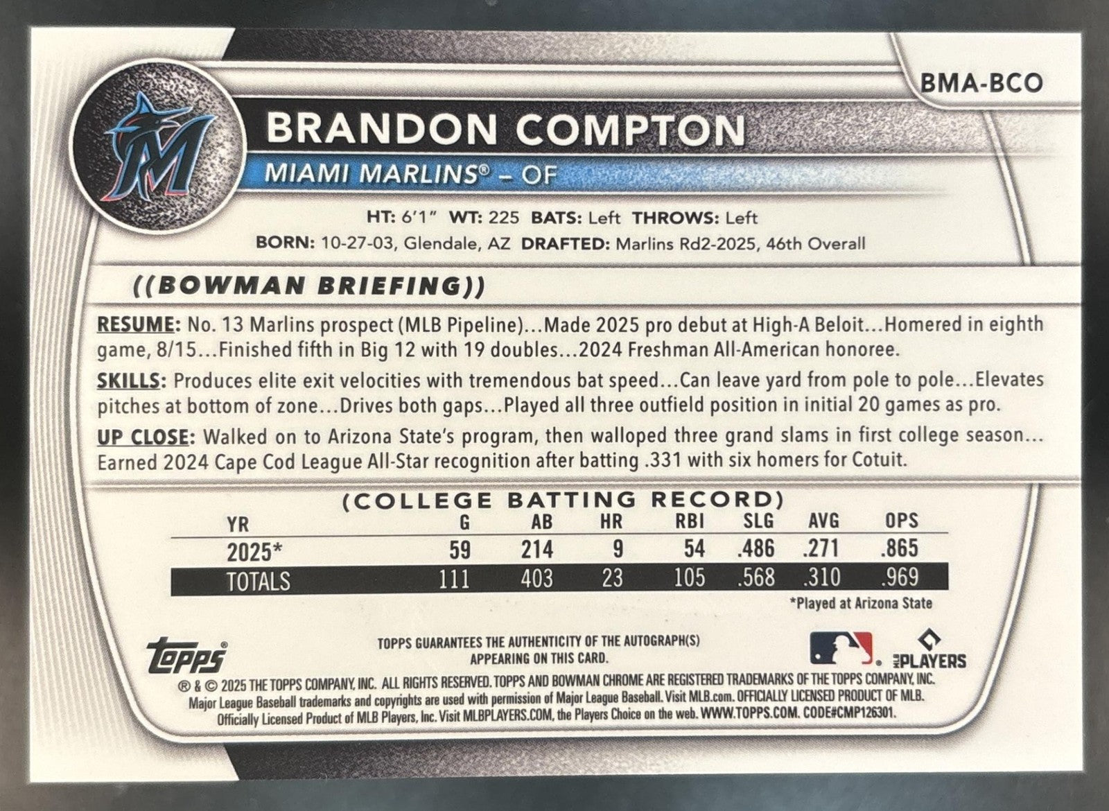 2025 Bowman Draft Brandon Compton Chrome Auto Mojo 1st Prospect Miami Marlins