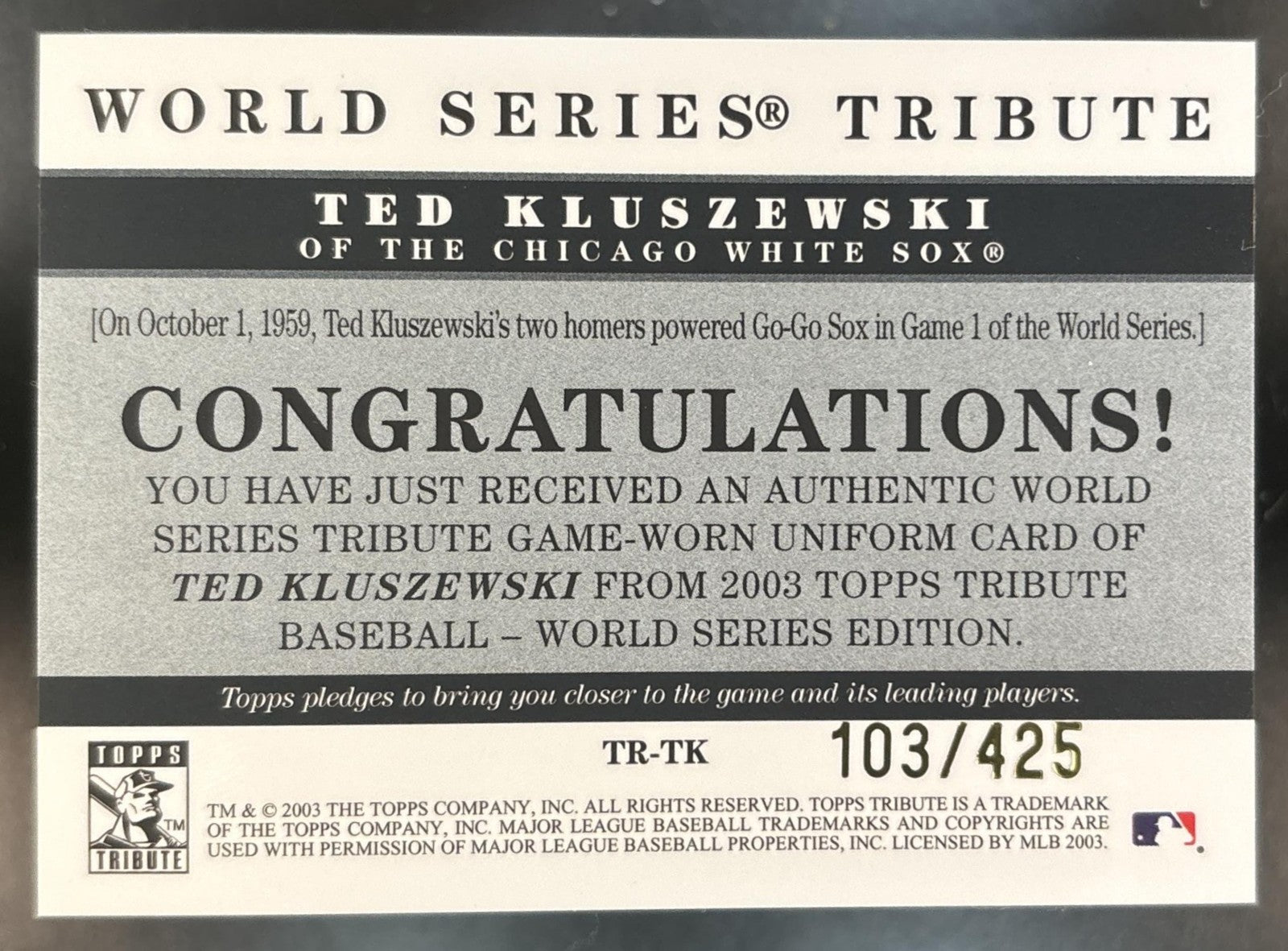 2003 Topps Tribute World Series Ted Kluszewski Relics /425 Chicago White Sox