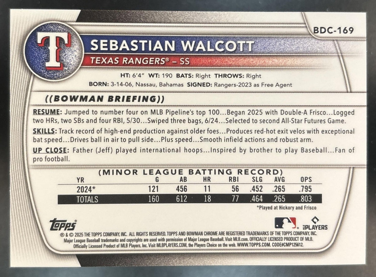 2025 Bowman Draft Sebastian Walcott Chrome Blue Geometric /150 #BDC-169 Rangers