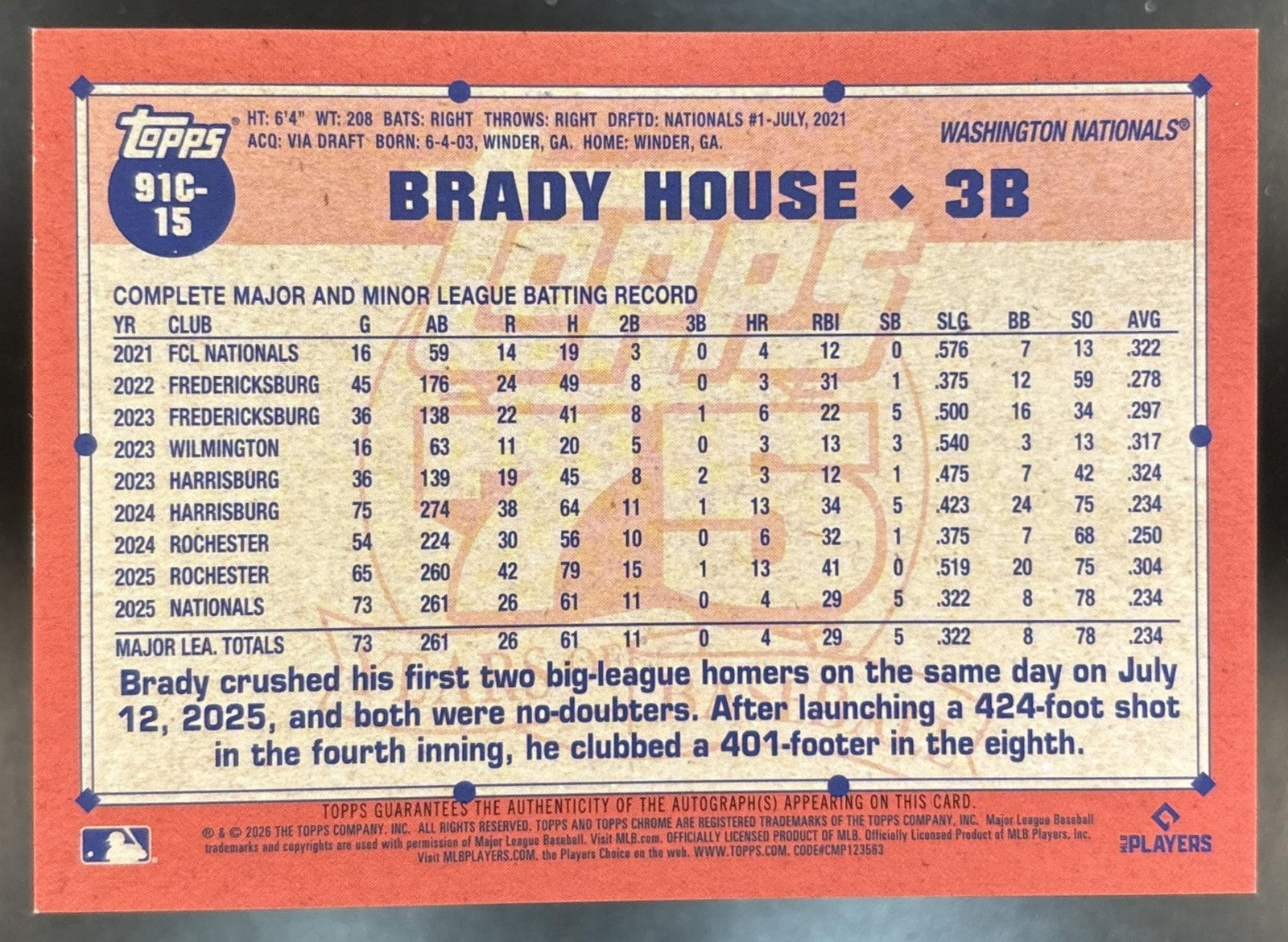2026 Topps Series 1 Brady House 1991 Chrome Silver Pack Green Mojo Auto /99 RC