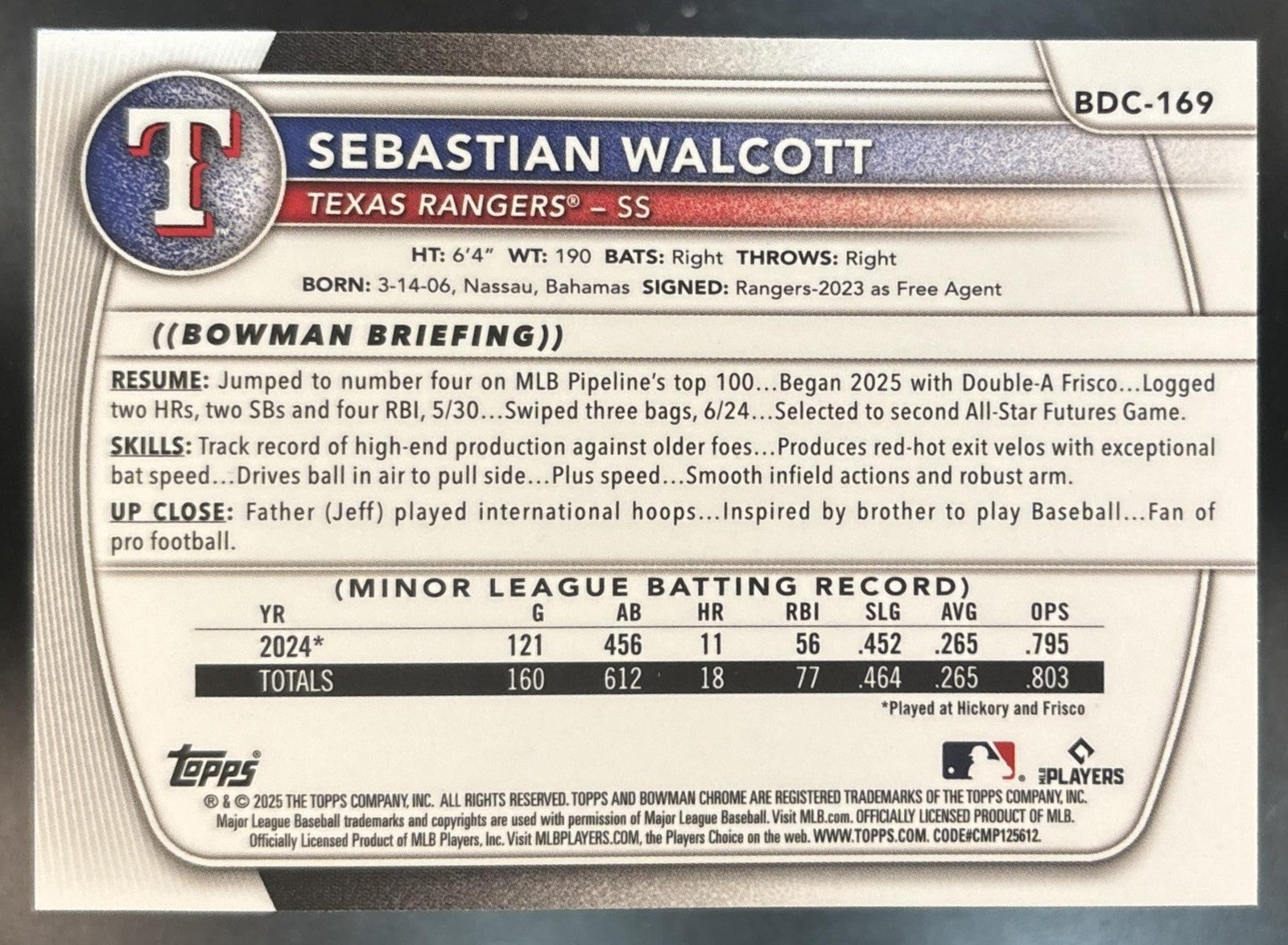 2024 Bowman Chrome Sebastian Walcott Prospects Mega Box Blue Mojo /150 #BCP-211