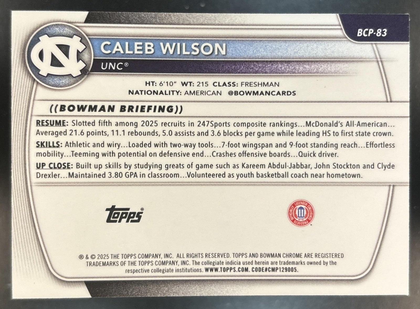 2025-26 Bowman Caleb Wilson Chrome Green Shimmer /99 #BCP-83 1st Prospect