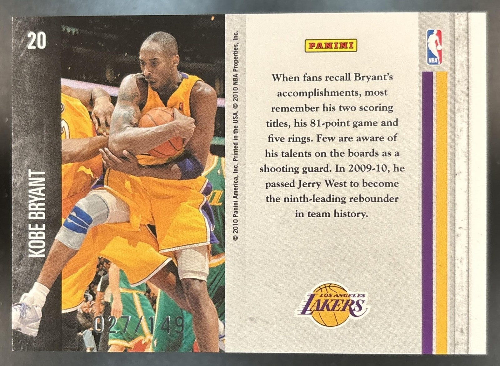 2010-11 Panini Limited Kobe Bryant Glass Cleaners /149 #20 Los Angeles Lakers