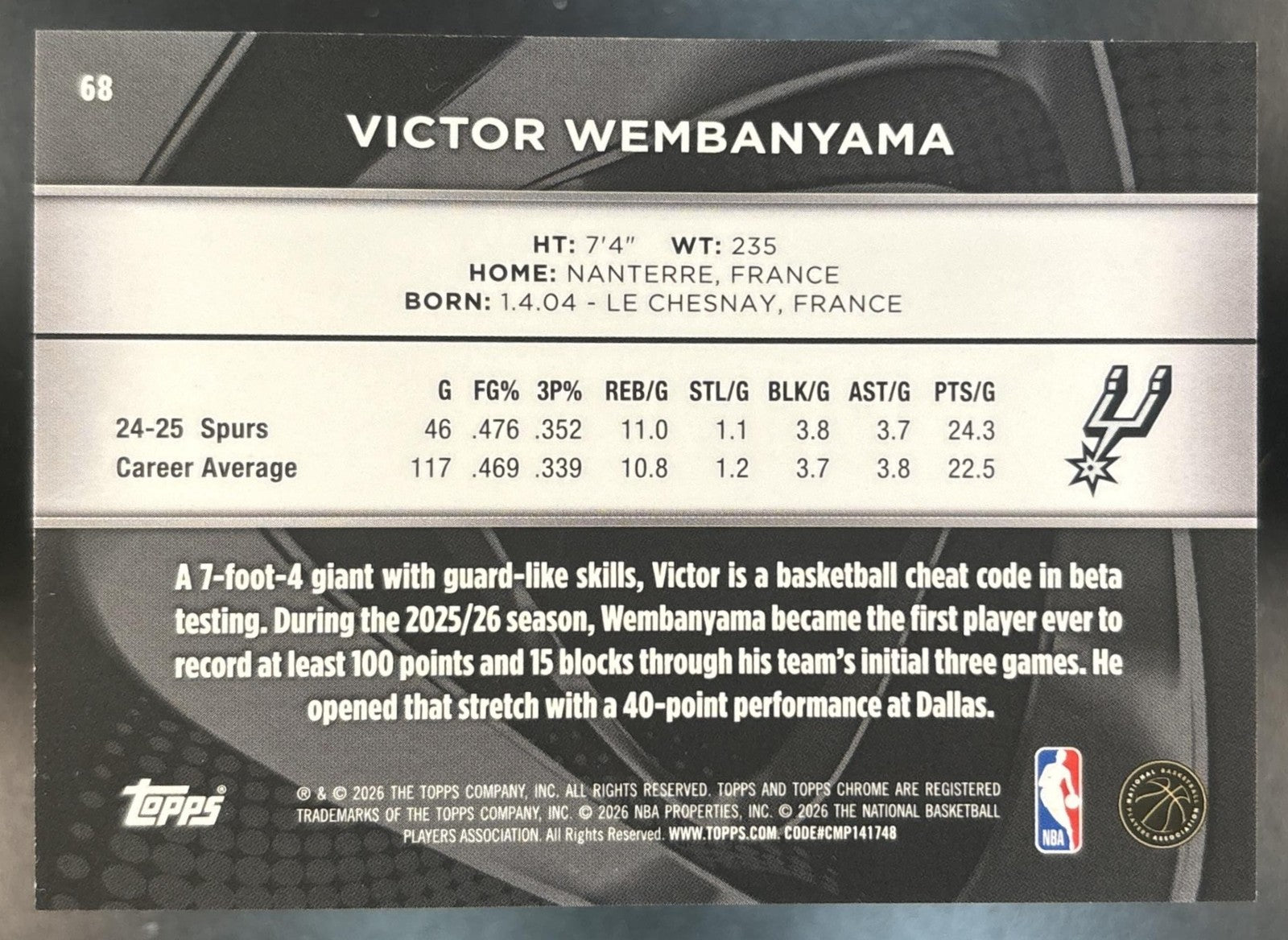 2025-26 Topps Chrome Black Victor Wembanyama Green /99 #68 San Antonio Spurs