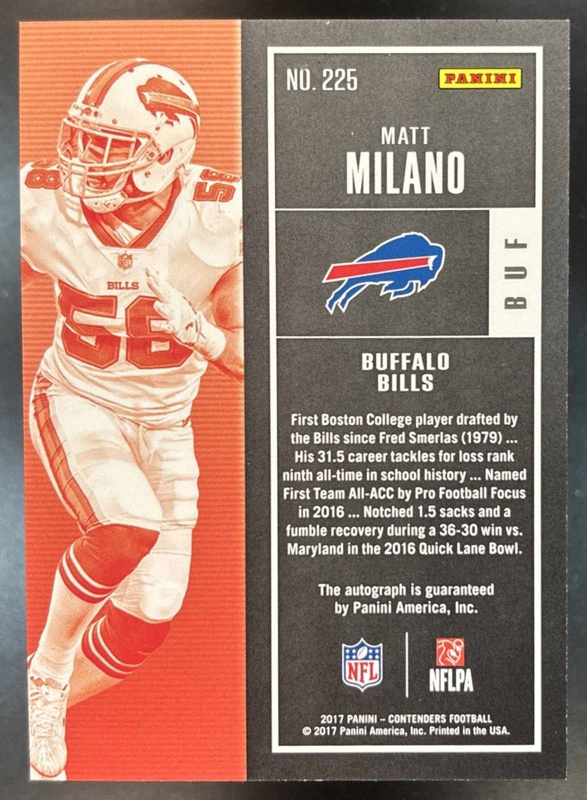 2017 Panini Contenders Matt Milano #225 RC Rookie Ticket Auto Buffalo Bills