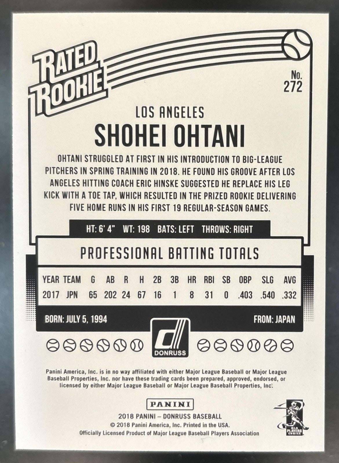 2018 Panini Chronicles Shohei Ohtani Donruss Rated Rookie #272 RC Angels