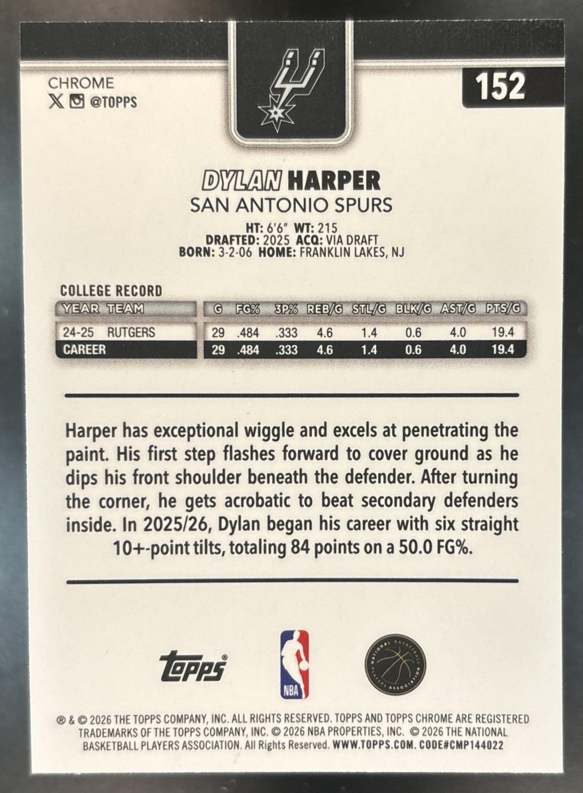 2025-26 Topps Chrome Update Dylan Harper Aqua Refractor /199 #152 RC Spurs