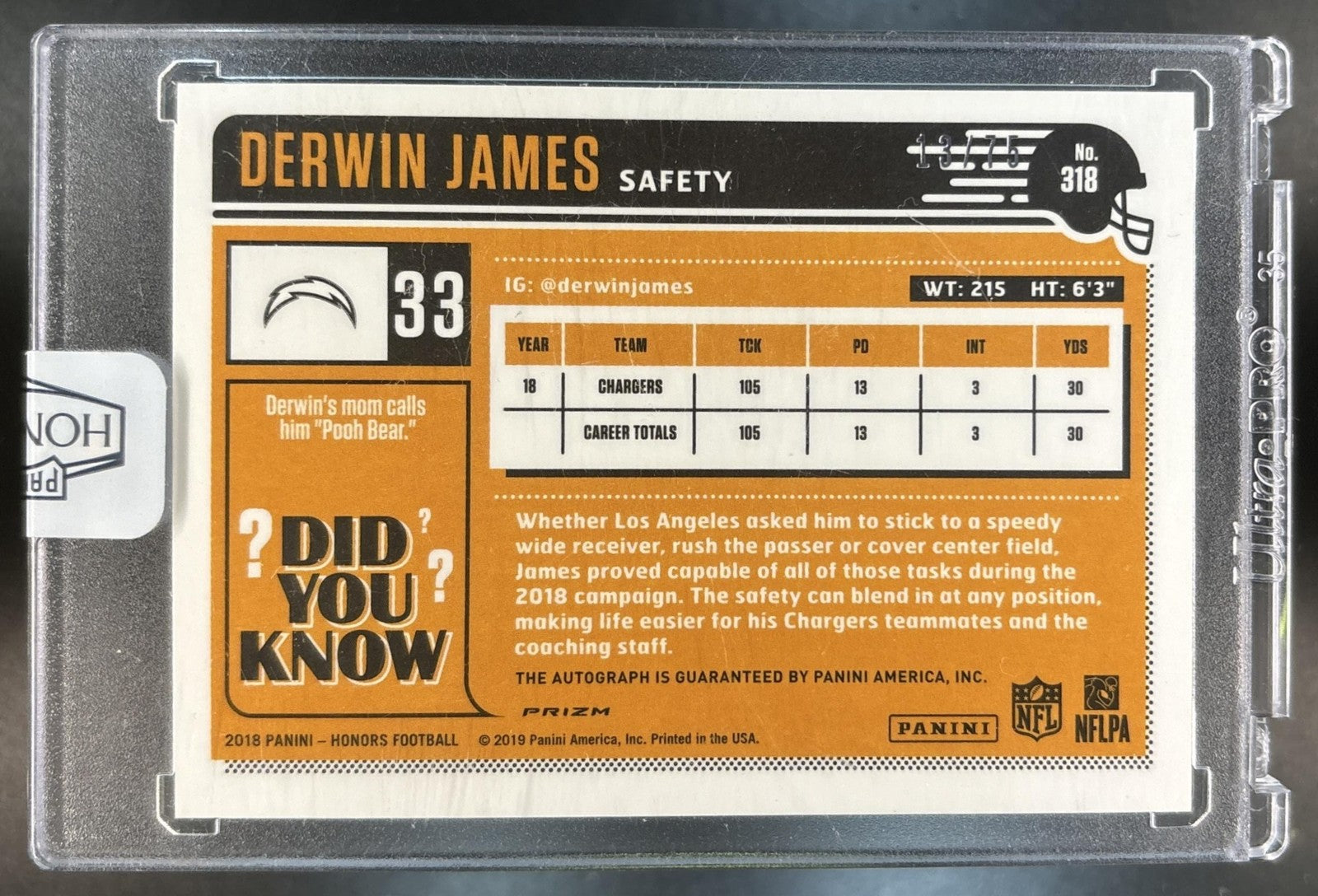 2018 Panini Honors Derwin James Classics Significant Signatures /75 #318 Auto RC