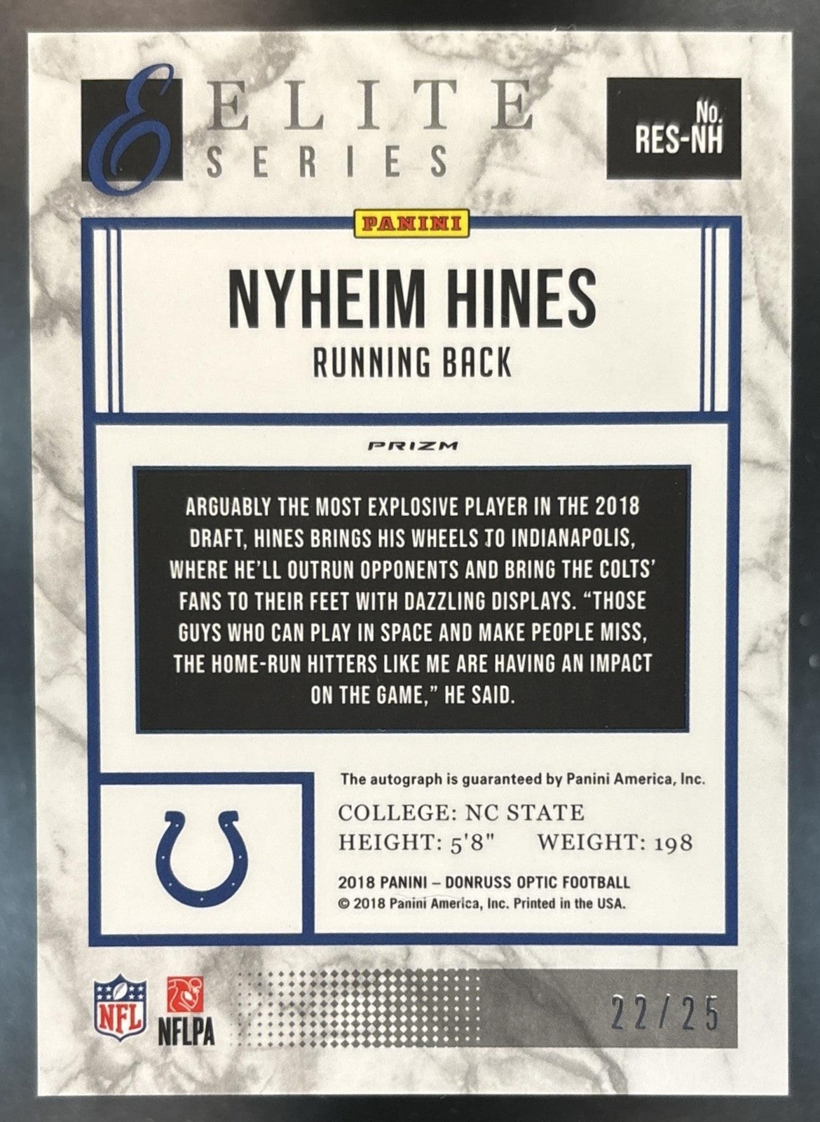 2018 Panini Donruss Optic Nyheim Hines Rookie Elite Series Auto /25 RC Colts
