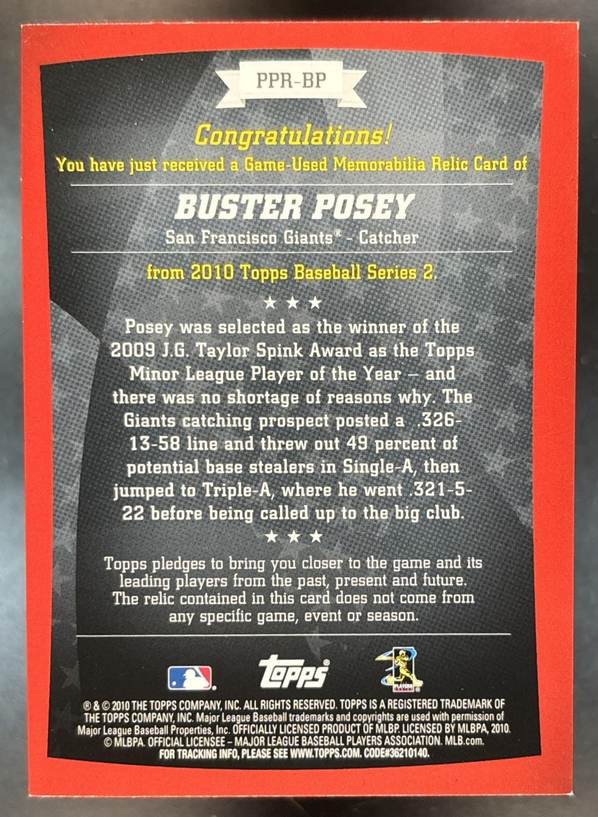 2010 Topps Buster Posey Peak Performance Relics #PPR-BP RC San Francisco Giants