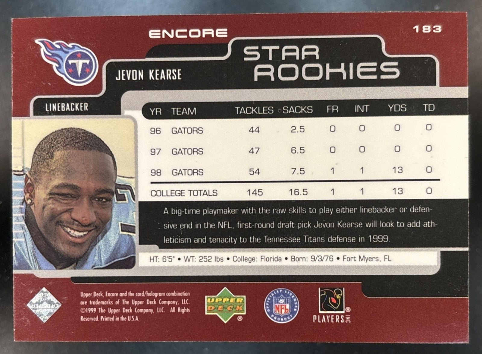 1999 Upper Deck Encore Jevon Kearse #183 RC Tennessee Titans
