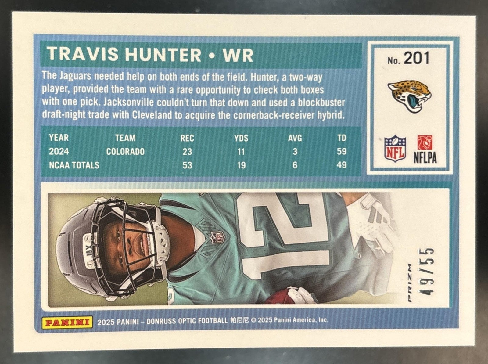 2025 Donruss Optic Travis Hunter Blue Mojo Prizm /55 #201 Jacksonville Jaguars