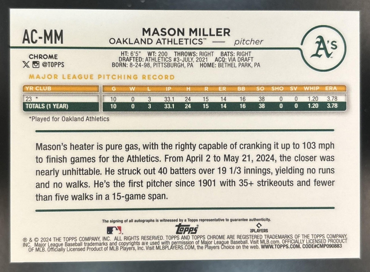 2024 Topps Chrome Update Mason Miller Auto Purple /250 #AC-MM Oakland Athletics