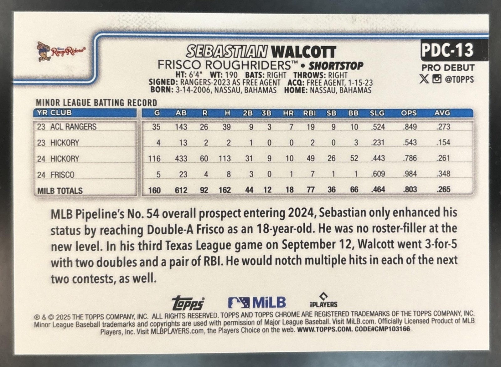 2025 Topps Pro Debut Sebastian Walcott Chrome Aqua /75 #PDC-13 RoughRiders