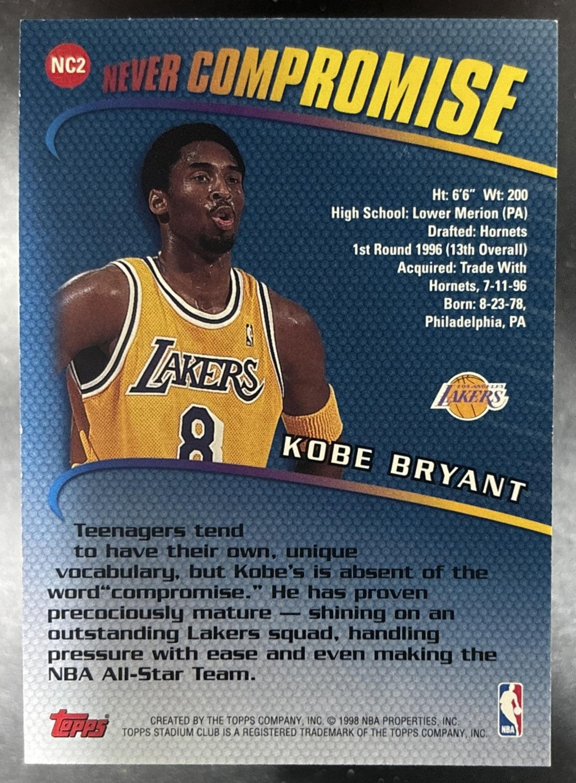 1998-99 Topps 99 Stadium Club Kobe Bryant Never Compromise Los Angeles Lakers