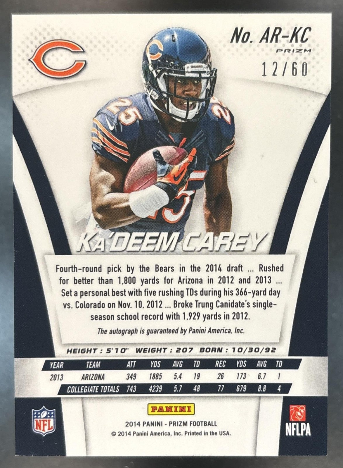 2014 Panini Prizm Ka Deem Carey Auto Silver Prizms /60 #AR-KC RC Chicago Bears