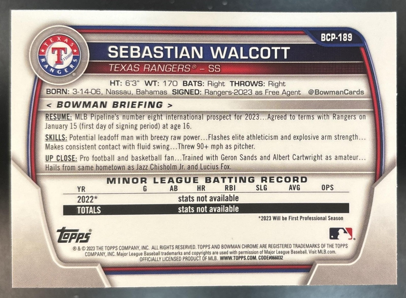 2023 Bowman Chrome Sebastian Walcott Mojo Refractor #BCP-189 1st Prospect