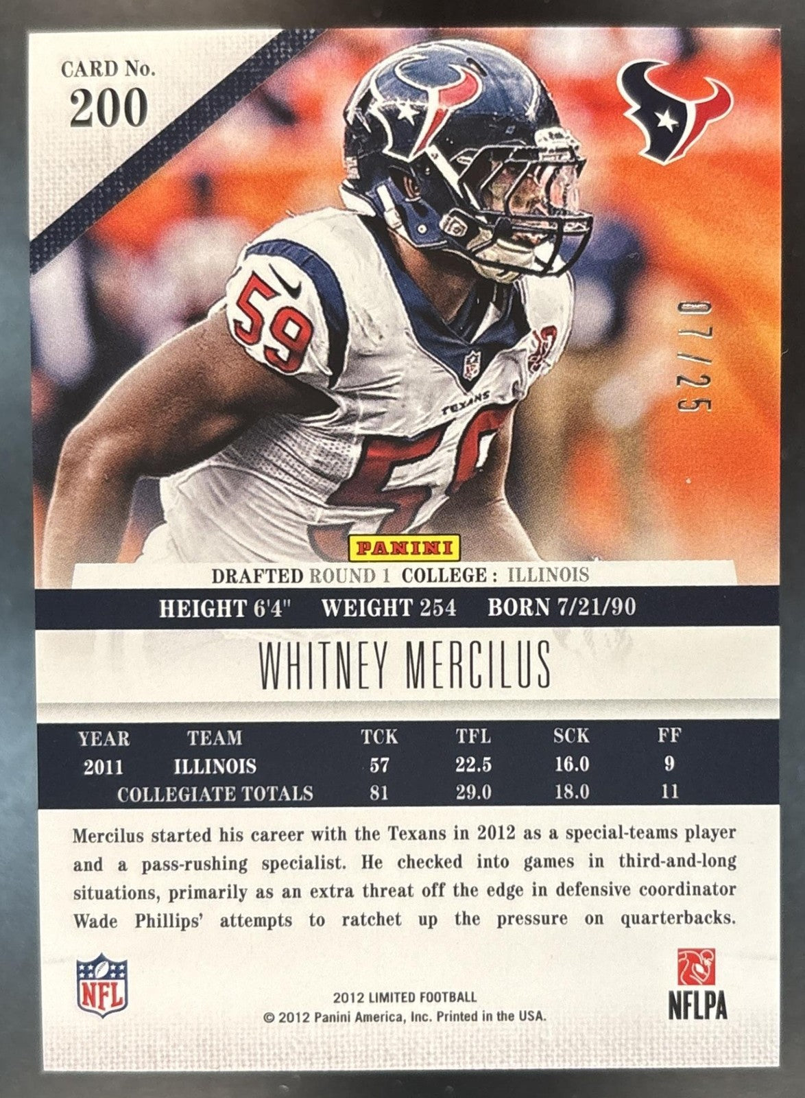 2012 Panini Limited Whitney Mercilus Gold Spotlight /25 #200 RC Houston Texans