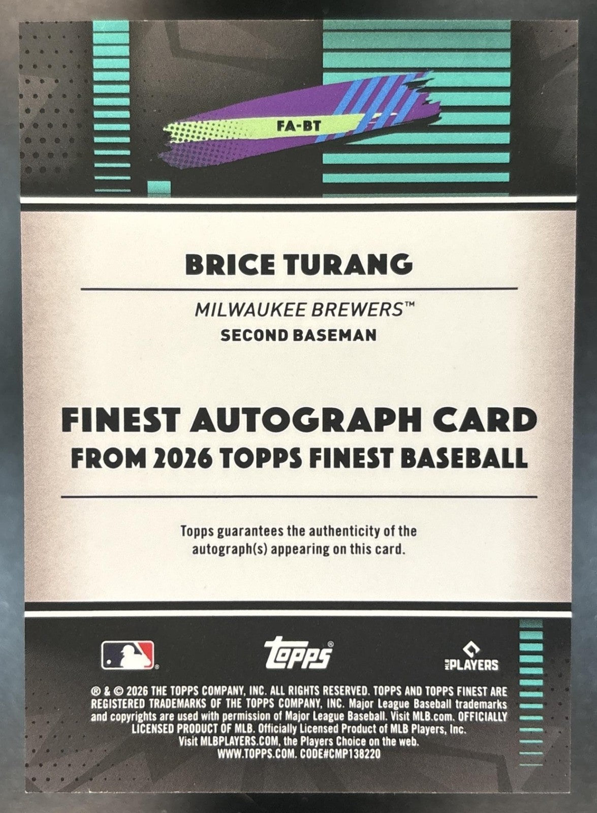 2026 Topps Finest Brice Turang Auto Purple Refractor /75 Milwaukee Brewers