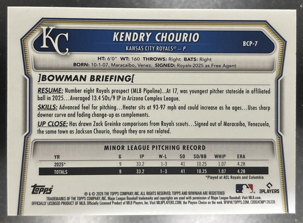 2026 Bowman Kendry Chourio Chrome PackFractor Variation /89 1st Prospect Royals