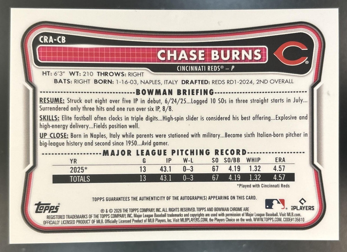 2026 Bowman Chase Burns Chrome Rookie Auto #CRA-CB RC Cincinnati Reds