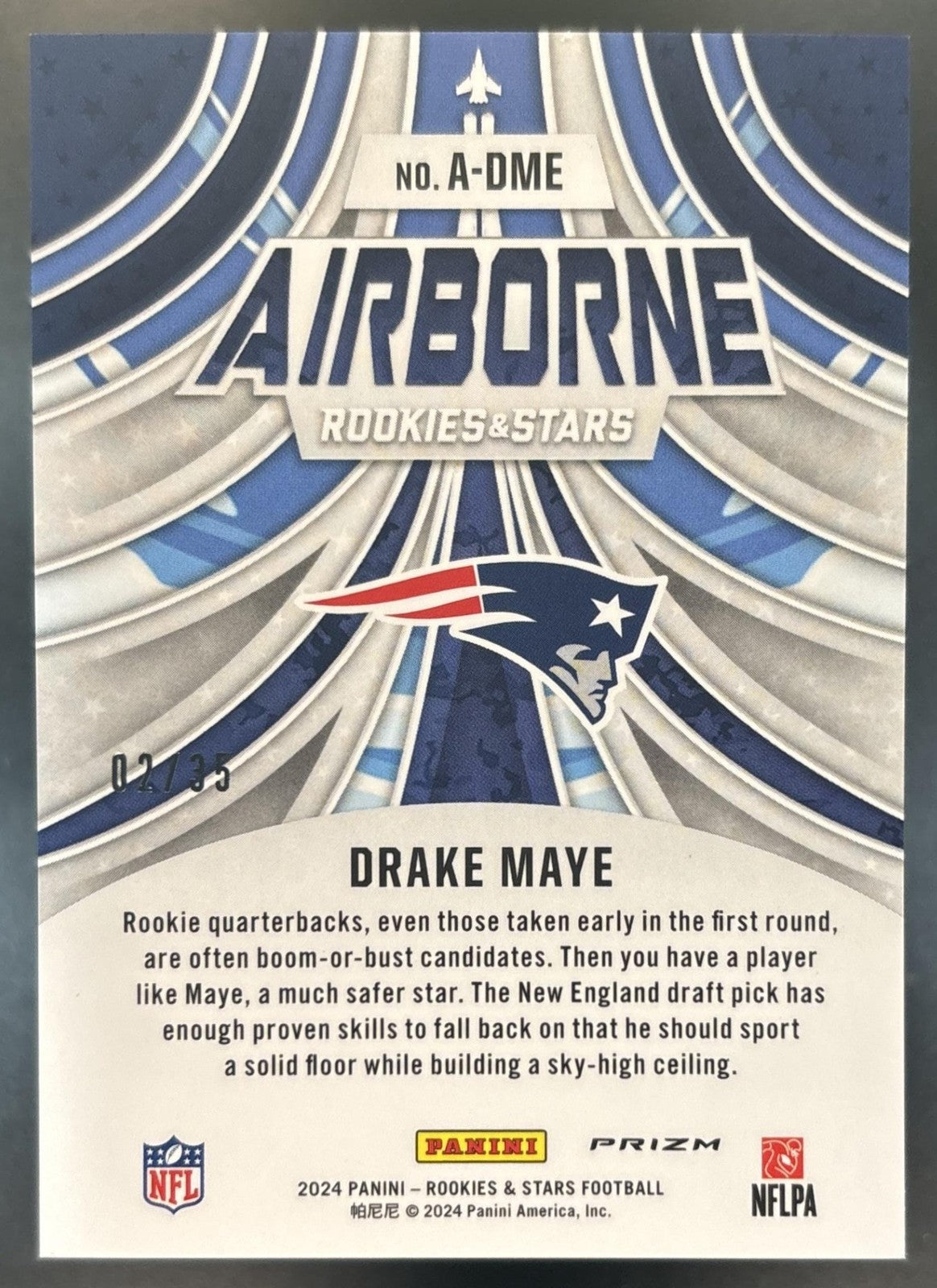 2024 Panini Rookies & Stars Drake Maye Airborne Purple /35 RC Patriots