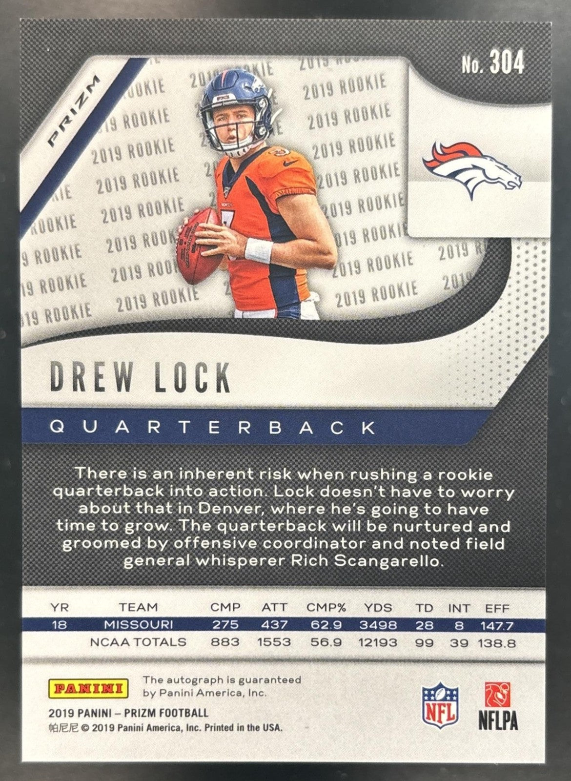 2019 Panini Prizm Drew Lock Auto Silver #304 RC Denver Broncos