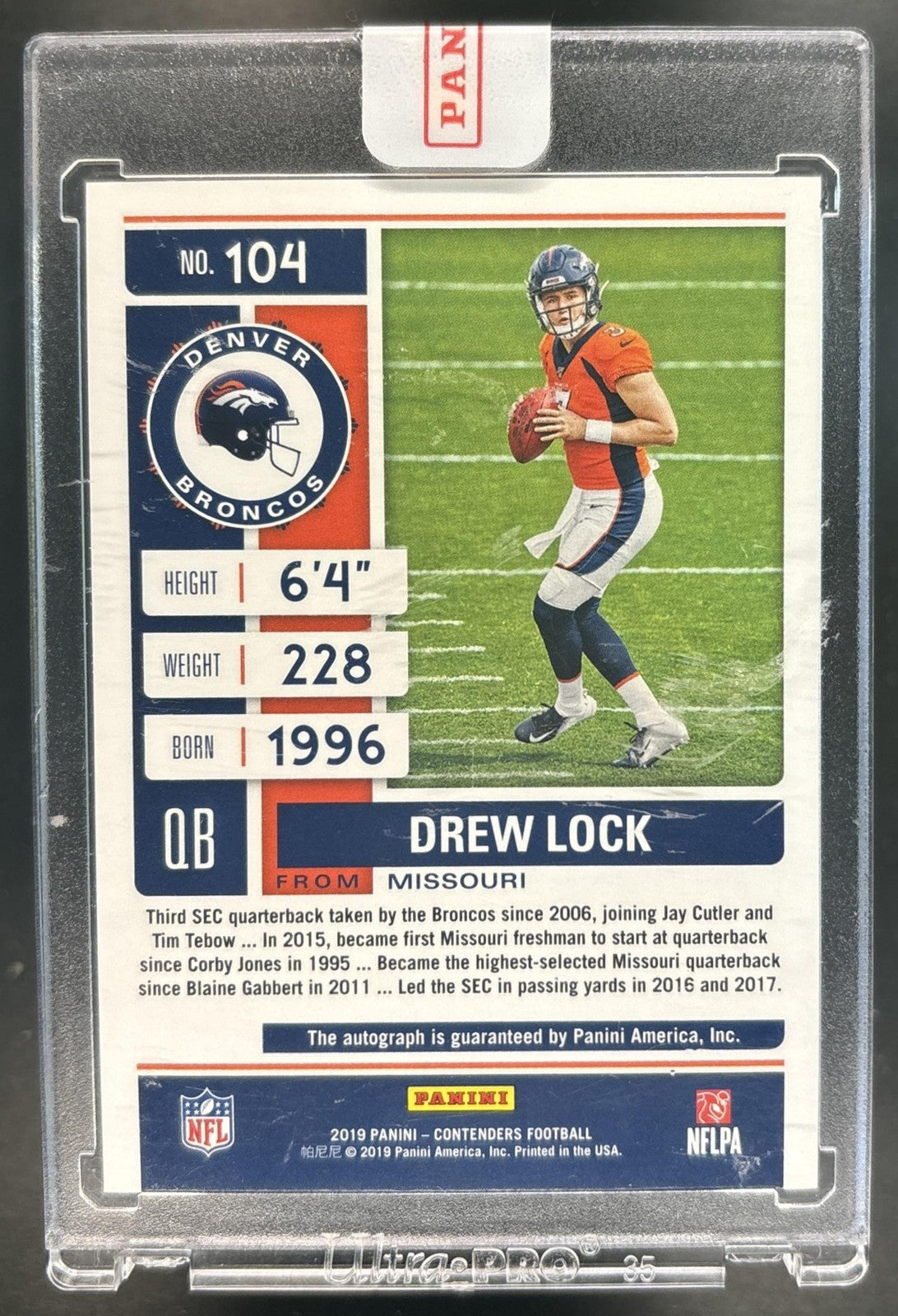 2019 Panini Contenders Drew Lock #104 RC Rookie Ticket Auto Denver Broncos