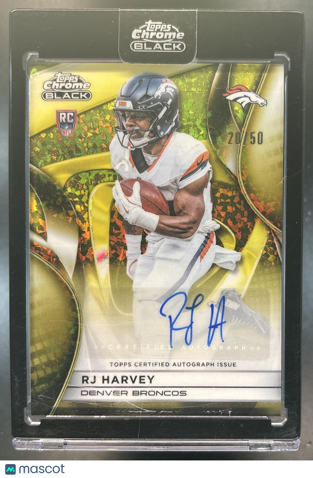 2025 Topps Chrome Black RJ Harvey Auto Gold Mini-Diamond /50 RC Denver Broncos